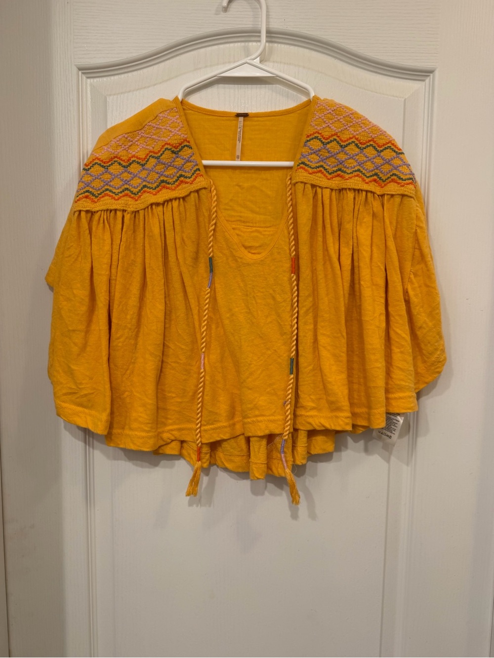 Free People Mustard Embroidered Tie-Front Boho Tunic